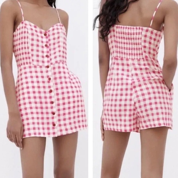 Zara Pants - ZARA Pink Gingham Checked Buttoned Linen Playsuit Jumpsuit Dress